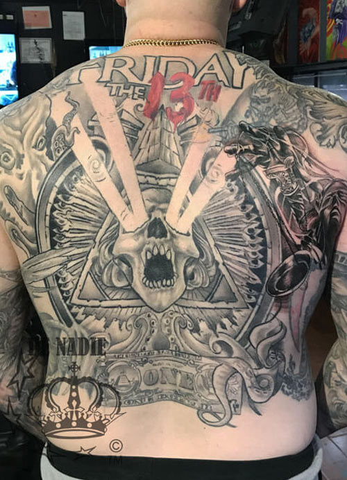 Tommy full back tattoo done by Infierno Pain ink Queens